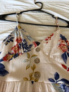 one clothing Cream Floral Midi Dress with Navy & Mustard Accents